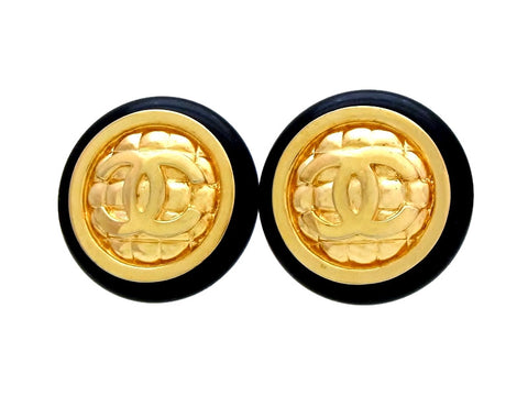 Vintage Chanel earrings CC logo quilted round black