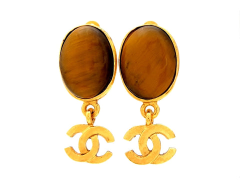 Vintage Chanel brown stone earrings CC logo dangle
