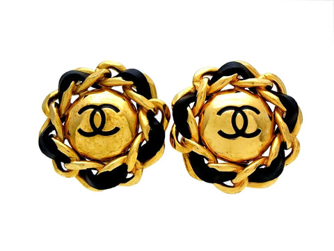Vintage Chanel earrings black leather chain round