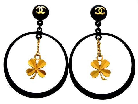 Vintage Chanel earrings black hoop clover dangle