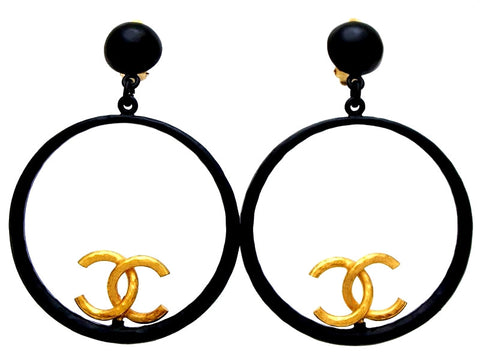 Vintage Chanel earrings Beyonce black hoop CC logo