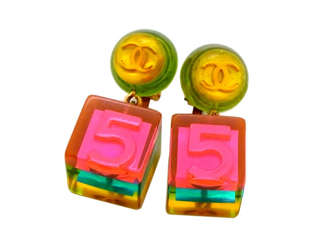 Vintage Chanel earrings No.5 cube dangle pink