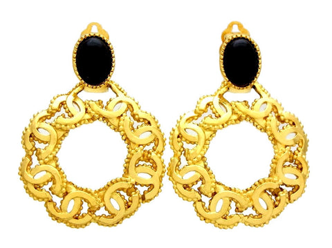 Vintage Chanel hoop earrings CC logo dangle black stone