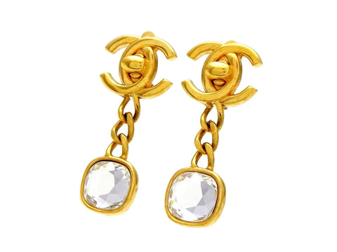 Vintage Chanel earrings turnlock CC logo rhinestone dangle
