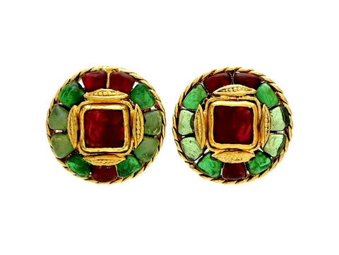 Vintage Chanel earrings gripoix glass red green round