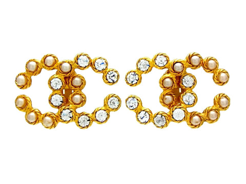 Vintage Chanel earrings CC logo pearl rhinestone