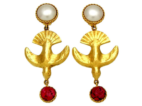 Vintage Chanel earrings bird pearl red stone dangle