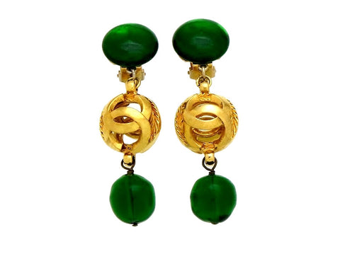 Vintage Chanel earrings green stone CC logo ball dangle