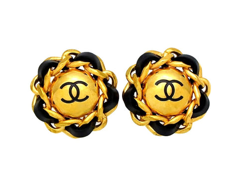 Vintage Chanel earrings CC logo leather chain round