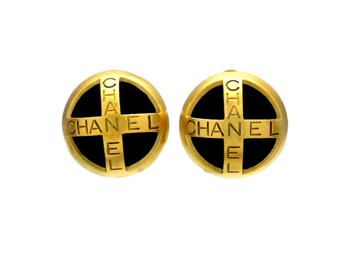 Vintage Chanel earrings logo cross round black
