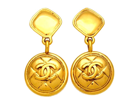 Vintage Chanel earrings CC logo quilted round dangle