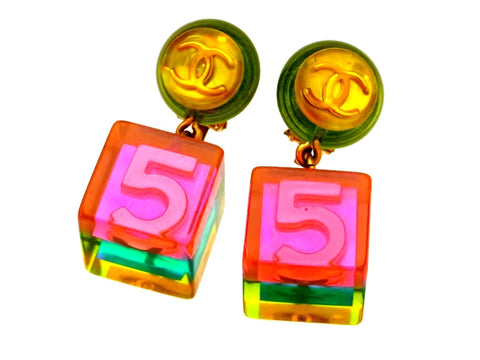 Vintage Chanel earrings pink No.5 cube dangle