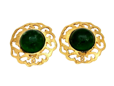 Vintage Chanel earrings CC logo green stone