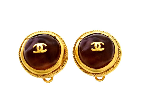 Vintage Chanel earrings CC logo brown glass stone
