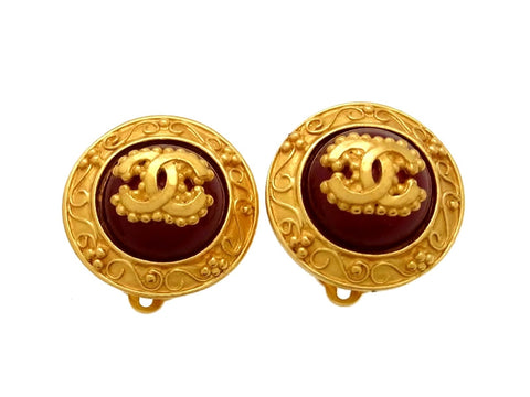 Vintage Chanel earrings CC logo round red stone