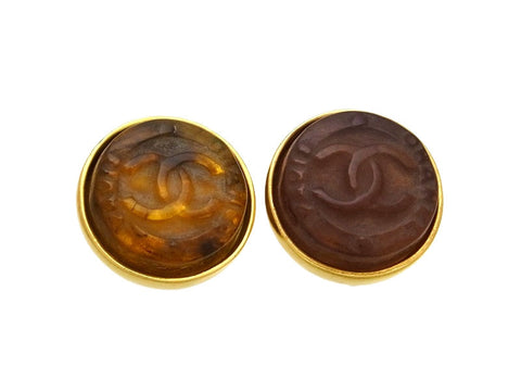 Vintage Chanel earrings CC logo round brown glass