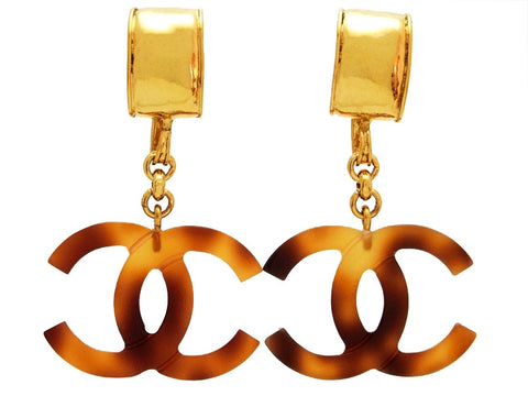 Vintage Chanel earrings CC logo dangle tortoiseshell plastic
