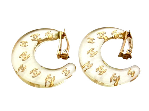 Vintage Chanel earrings CC logo clear crescent moon