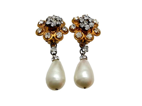 Vintage Chanel earrings rhinestone flower pearl dangle