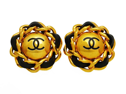 Vintage Chanel earrings CC logo round leather chain