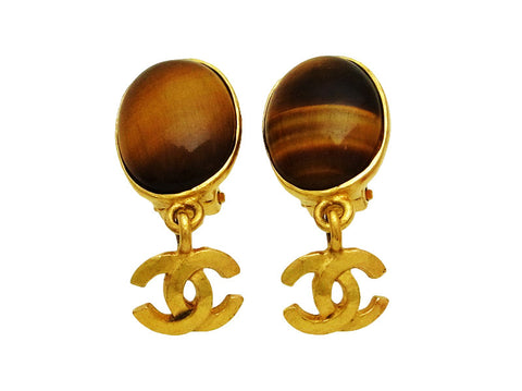 Vintage Chanel earrings CC logo dangle brown stone