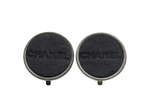 Vintage Chanel earrings logo round black leather