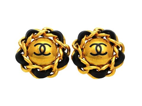 Vintage Chanel earrings CC logo black leather round