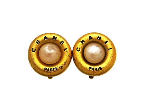 Vintage Chanel earrings logo pearl round