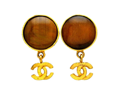 Vintage Chanel earrings brown stone CC logo dangle