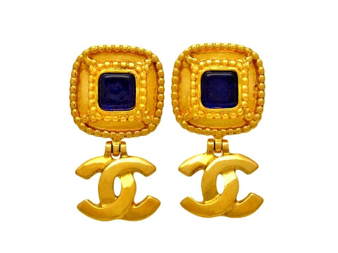 Vintage Chanel earrings blue stone CC logo dangle