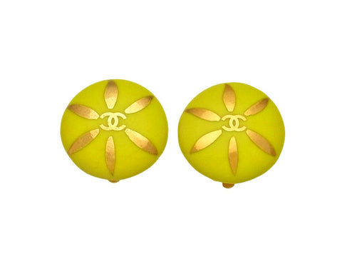 Vintage Chanel earrings CC logo round yellow pottery