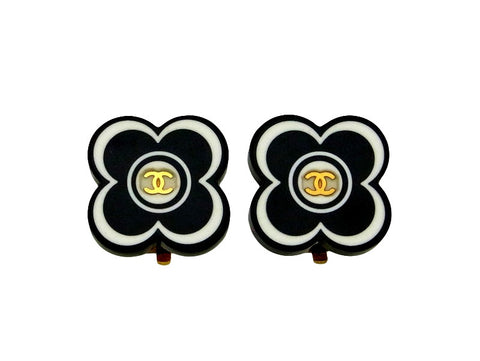 Vintage Chanel earrings CC logo black flower