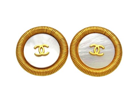 Vintage Chanel earrings CC logo white shell round