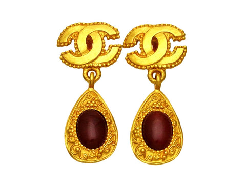 Vintage Chanel earrings CC logo red stone dangle