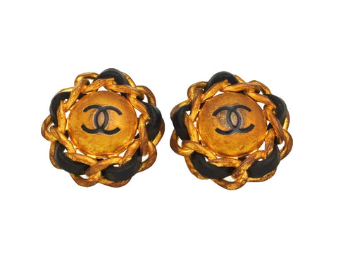 Vintage Chanel earrings CC logo round black leather