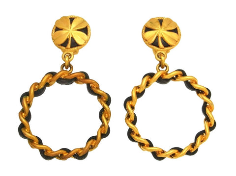 Vintage Chanel earrings clover leather hoop dangle