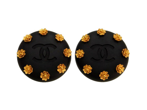 Vintage Chanel earrings CC logo camellia black round