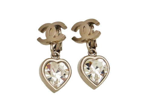 Vintage Chanel earrings CC logo rhinestone heart dangle