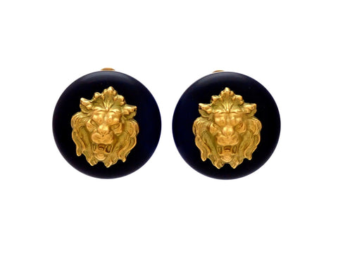 Authentic vintage Chanel earrings Black Round with Gold Lion