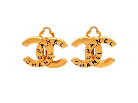 Authentic vintage Chanel earrings gold CC logo black "CHANEL" lettering