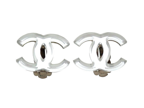 Authentic vintage Chanel earrings clear silver CC logo
