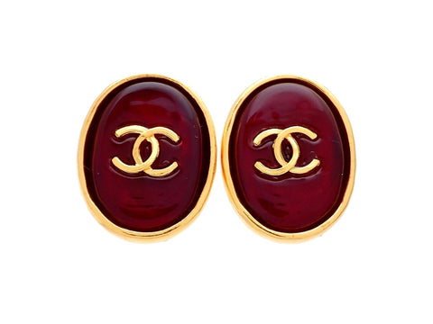 Authentic vintage Chanel earrings gold CC Red stone Round double C