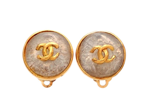 Authentic vintage Chanel earrings gold framed clear stone double C