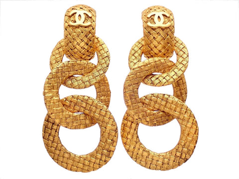 Authentic vintage Chanel earrings gold two way triple mesh hoop dangled