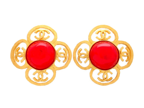 Authentic vintage Chanel earrings flower CC logo red stone