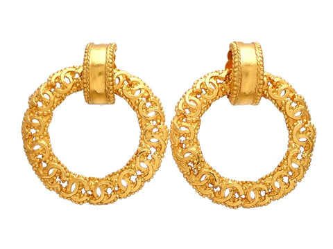 Authentic vintage Chanel earrings gold CC logo hoop dangled