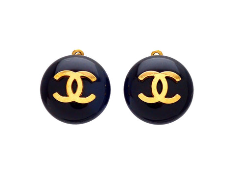 Authentic vintage Chanel earrings CC logo black round small