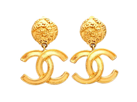 Authentic vintage Chanel earrings logo round clip CC logo double C dangled