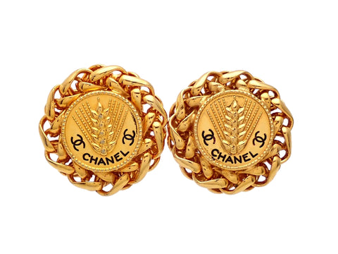 Authentic vintage Chanel earrings round chain wheat CC logo