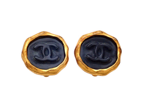 Authentic vintage Chanel earrings Black CC logo Sealing round stamp